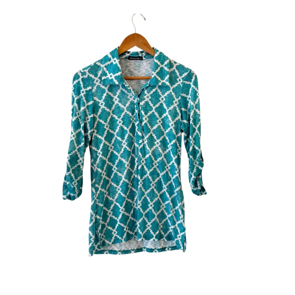 David Cline Crushed Snap Front Henley Top S Teal Trellis Roll Tab Sleeve Artsy